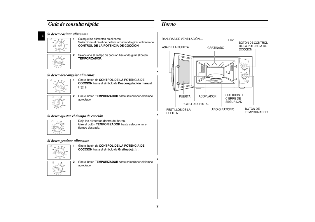 Samsung CE291DN-5/XEC manual Guía de consulta rápida, Horno, Control DE LA Potencia DE Cocción 