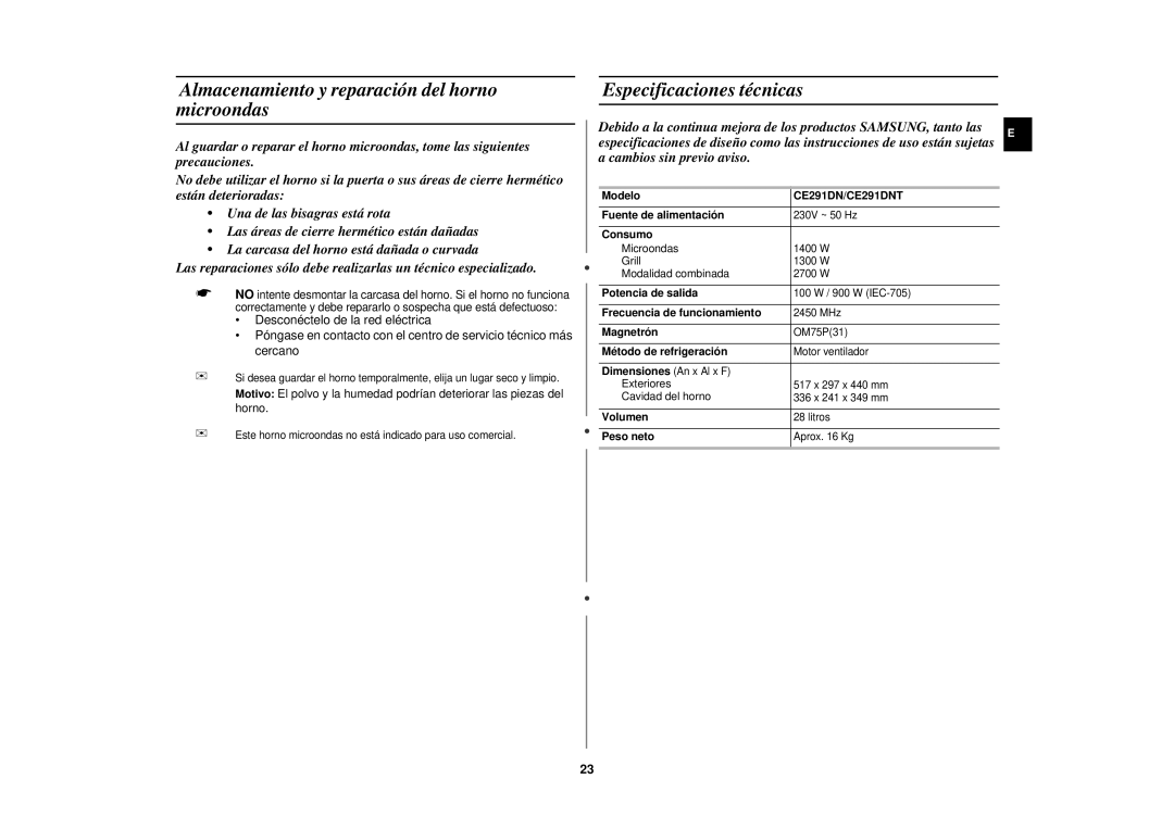 Samsung CE291DN-5/XEC manual Almacenamiento y reparación del horno microondas, Especificaciones técnicas, CE291DN/CE291DNT 