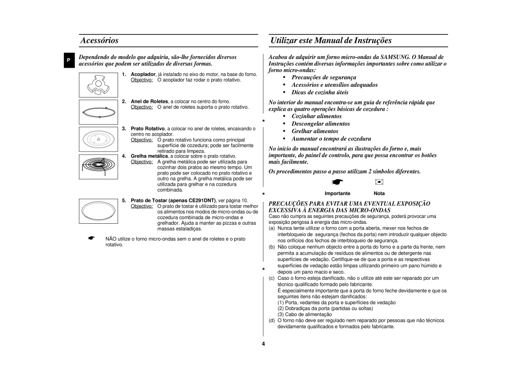 Samsung CE291DN-5/XEC Acessórios Utilizar este Manual de Instruções, Objectivo O acoplador faz rodar o prato rotativo 