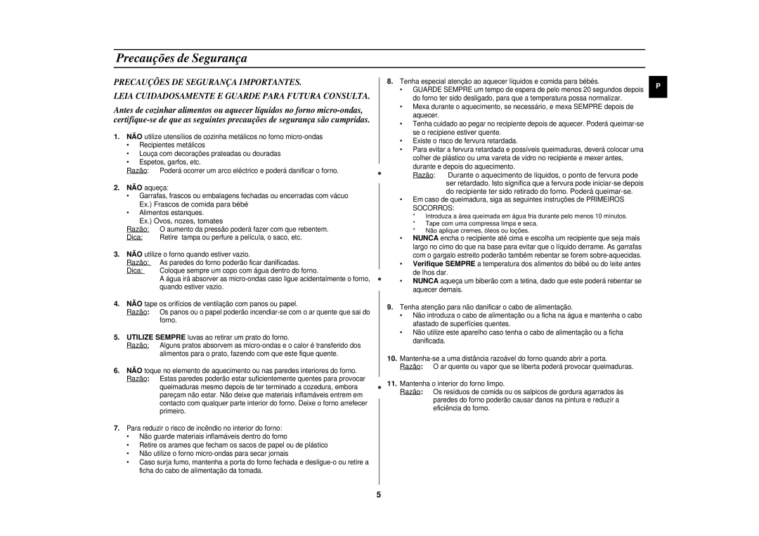 Samsung CE291DN-5/XEC manual Precauções de Segurança, Ex. Ovos, nozes, tomates Razão, Dica 