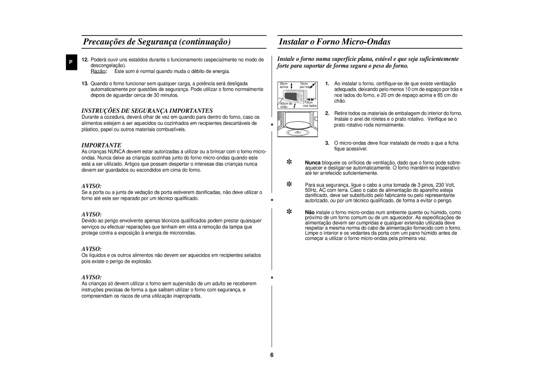 Samsung CE291DN-5/XEC manual Instruções DE Segurança Importantes, Aviso 