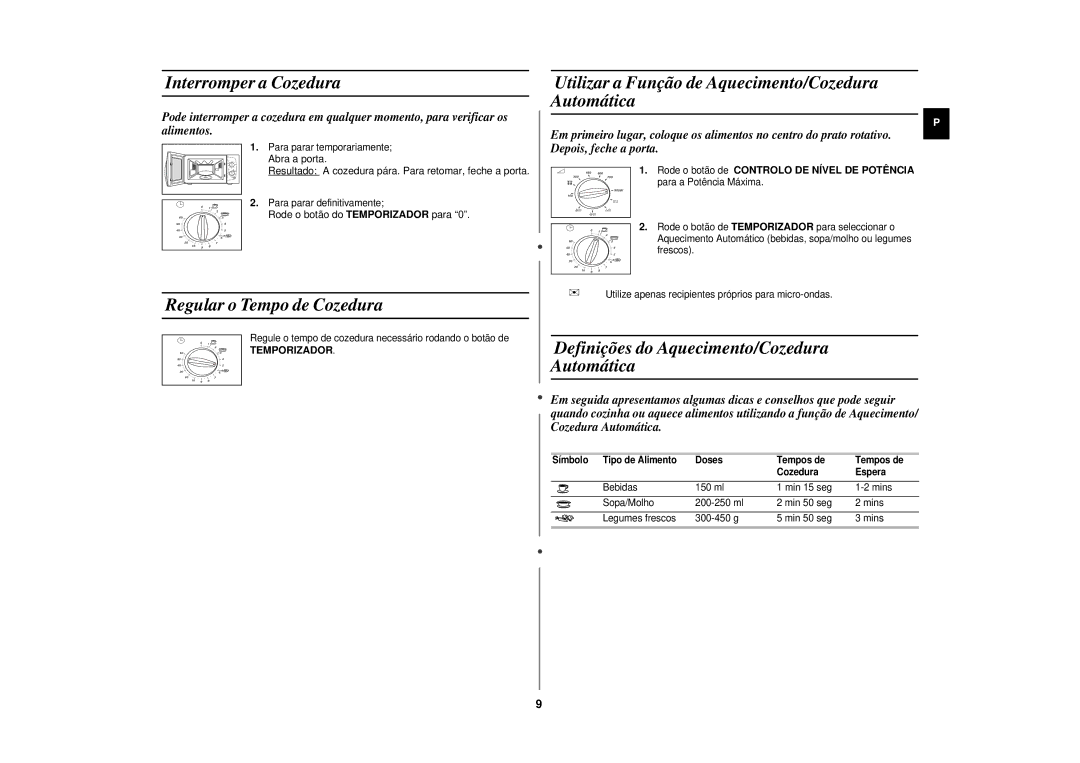 Samsung CE291DN-5/XEC Interromper a Cozedura, Regular o Tempo de Cozedura, Definições do Aquecimento/Cozedura Automática 