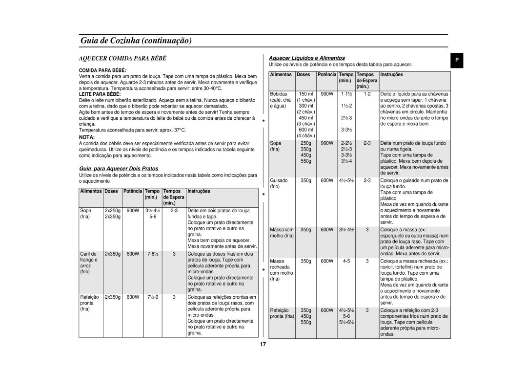 Samsung CE291DN-5/XEC manual Aquecer Comida Para Bébé, Nota, Guia para Aquecer Dois Pratos, Aquecer Líquidos e Alimentos 