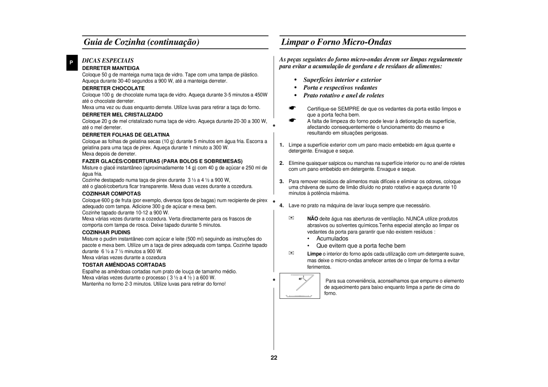 Samsung CE291DN-5/XEC manual Limpar o Forno Micro-Ondas, Dicas Especiais 