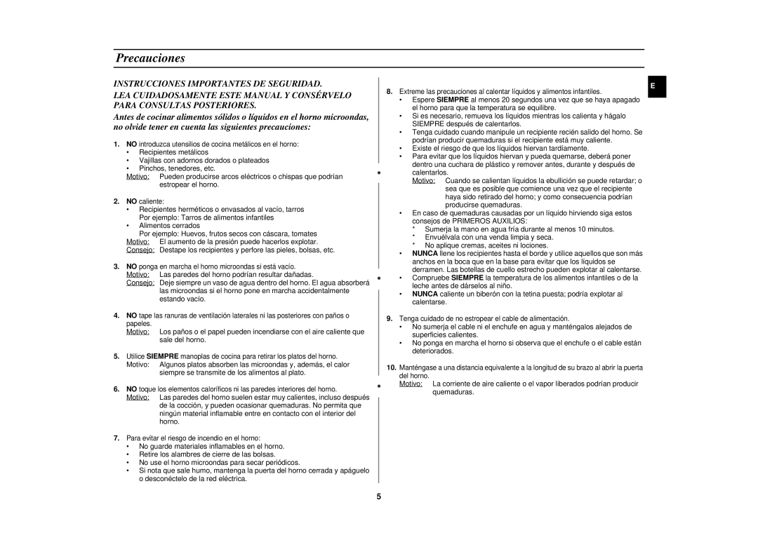 Samsung CE291DN-5/XEC manual Precauciones, Siempre se transmite de los alimentos al plato 