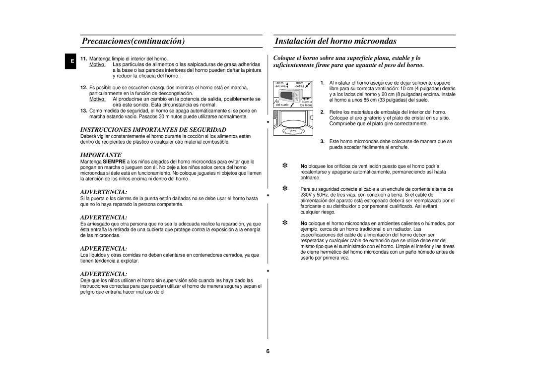 Samsung CE291DN-5/XEC Precaucionescontinuación, Instalación del horno microondas, Instrucciones Importantes DE Seguridad 