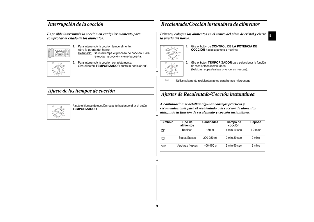 Samsung CE291DN-5/XEC manual Interrupción de la cocción, Ajuste de los tiempos de cocción, Símbolo 