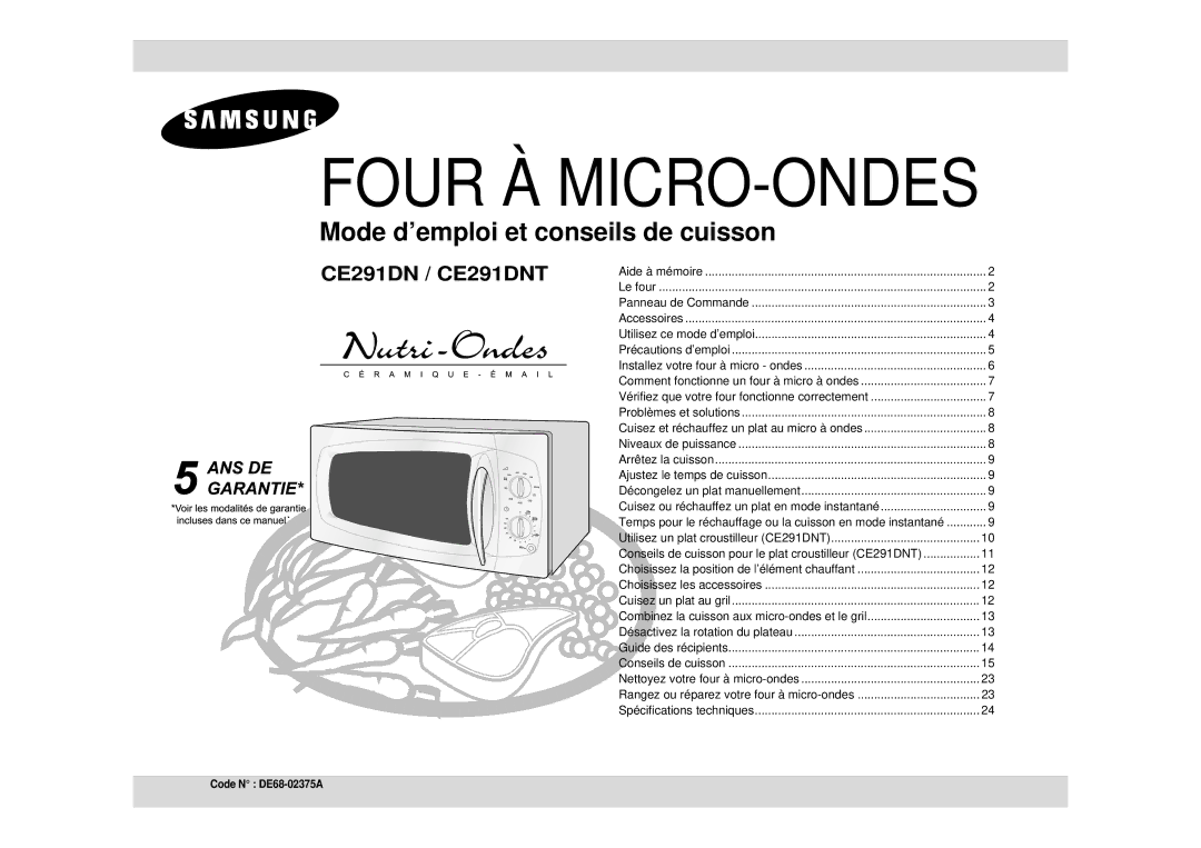 Samsung CE291DNT/XEF, CE291DNT5K/XEF, CE291DNT-5/XEF, CE291DNT-K/XEF manual Four À MICRO-ONDES 