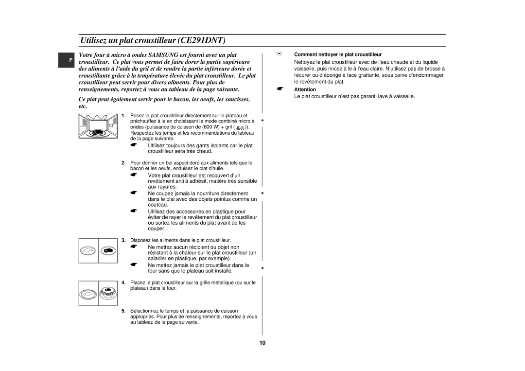 Samsung CE291DNT-5/XEF, CE291DNT5K/XEF manual Utilisez un plat croustilleur CE291DNT, Comment nettoyer le plat croustilleur 