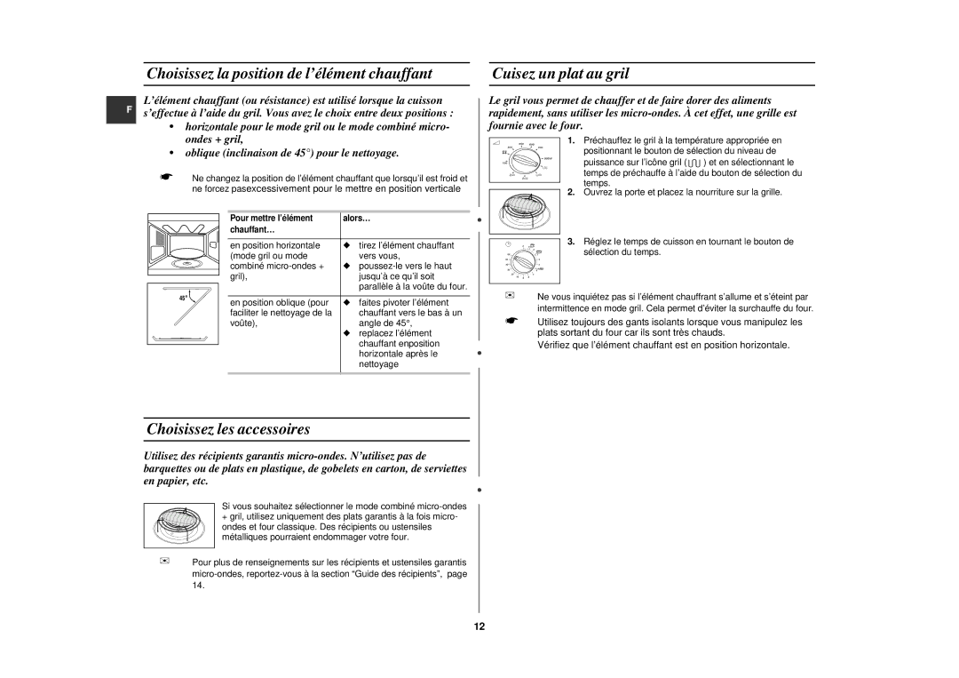 Samsung CE291DNT5K/XEF Choisissez la position de l’élément chauffant, Cuisez un plat au gril, Choisissez les accessoires 