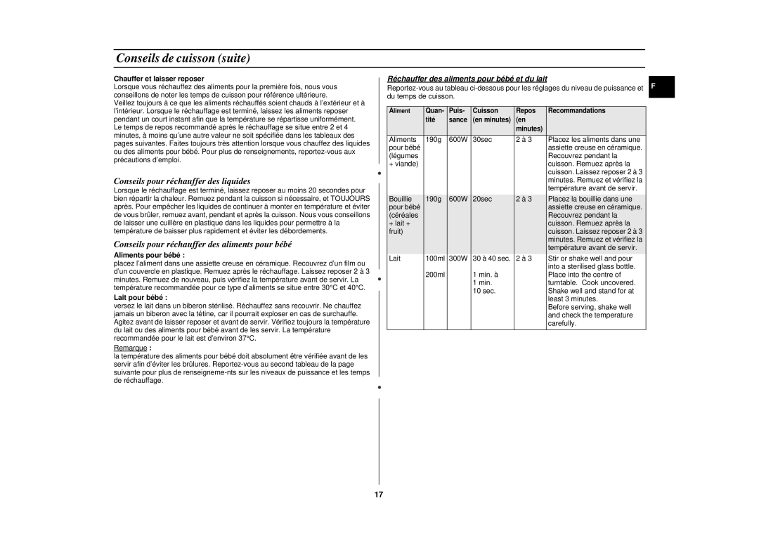 Samsung CE291DNT/XEF manual Conseils pour réchauffer des liquides, Conseils pour réchauffer des aliments pour bébé 