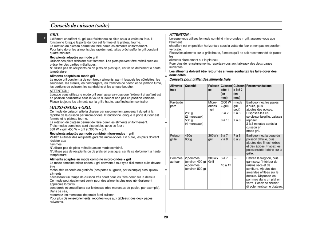 Samsung CE291DNT5K/XEF, CE291DNT/XEF, CE291DNT-5/XEF manual MICRO-ONDES + Gril, Conseils pour griller des aliments frais 