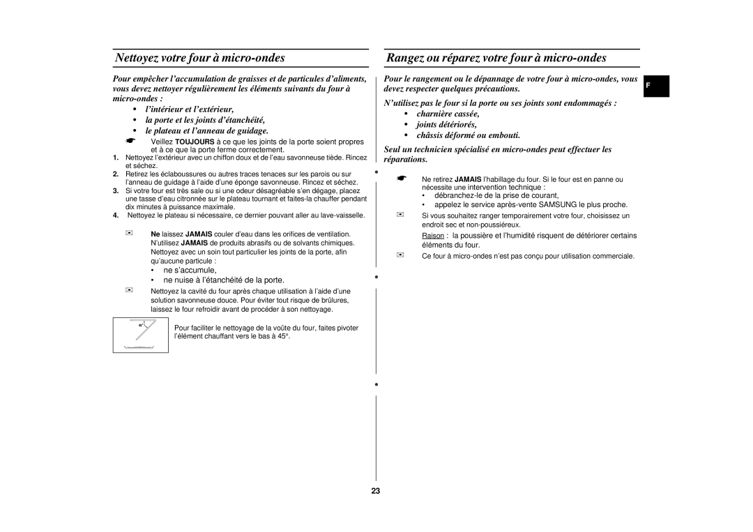 Samsung CE291DNT-K/XEF, CE291DNT5K/XEF manual Nettoyez votre four à micro-ondes, Rangez ou réparez votre four à micro-ondes 