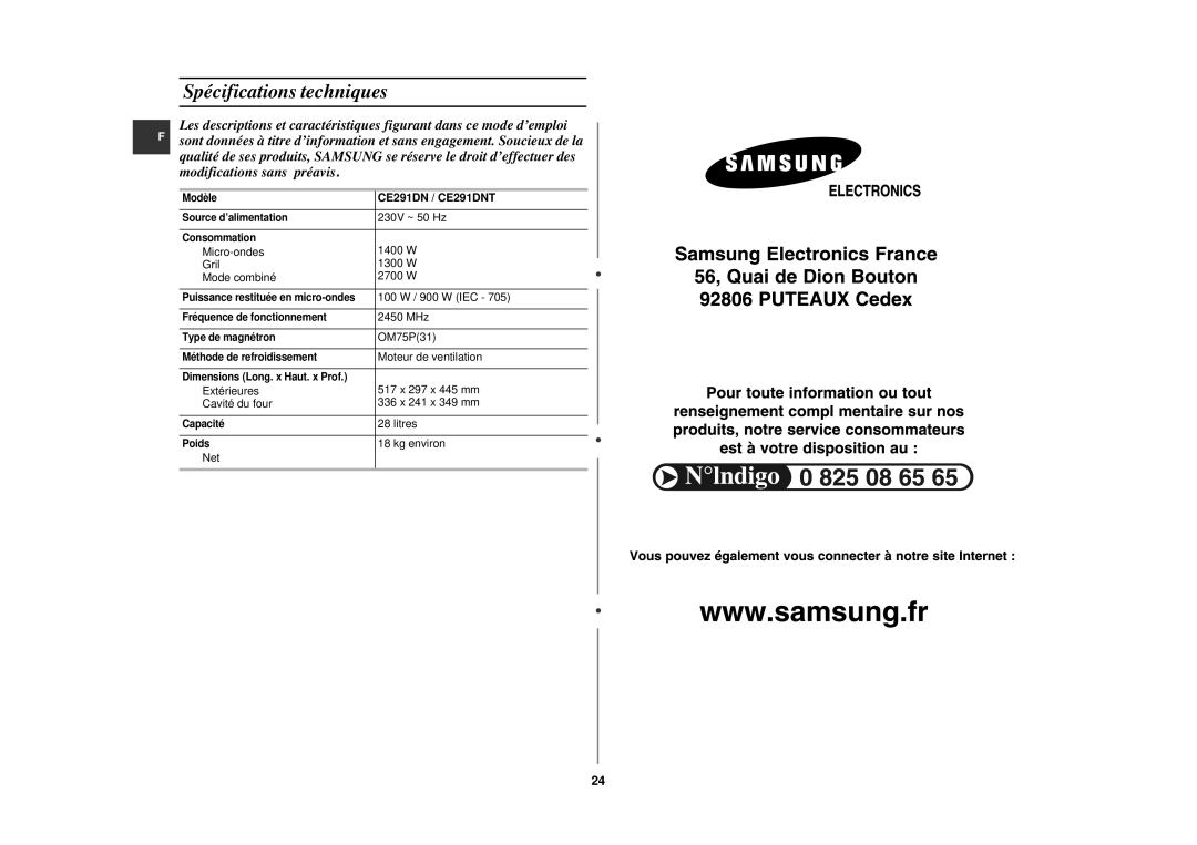 Samsung CE291DNT5K/XEF, CE291DNT/XEF, CE291DNT-5/XEF, CE291DNT-K/XEF manual Spécifications techniques, CE291DN / CE291DNT 