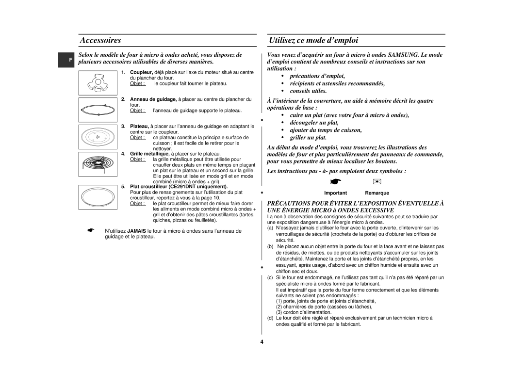 Samsung CE291DNT5K/XEF Accessoires Utilisez ce mode d’emploi, Plat croustilleur CE291DNT uniquement, Important Remarque 