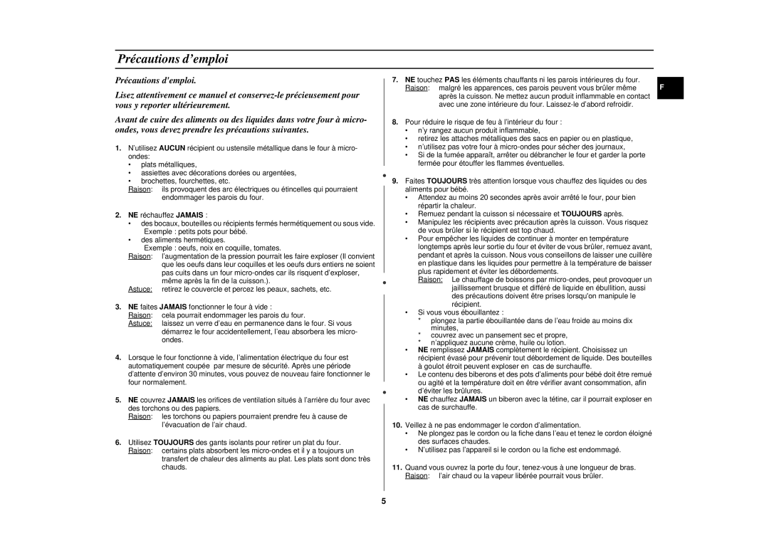 Samsung CE291DNT/XEF, CE291DNT5K/XEF, CE291DNT-5/XEF, CE291DNT-K/XEF manual Précautions d’emploi 