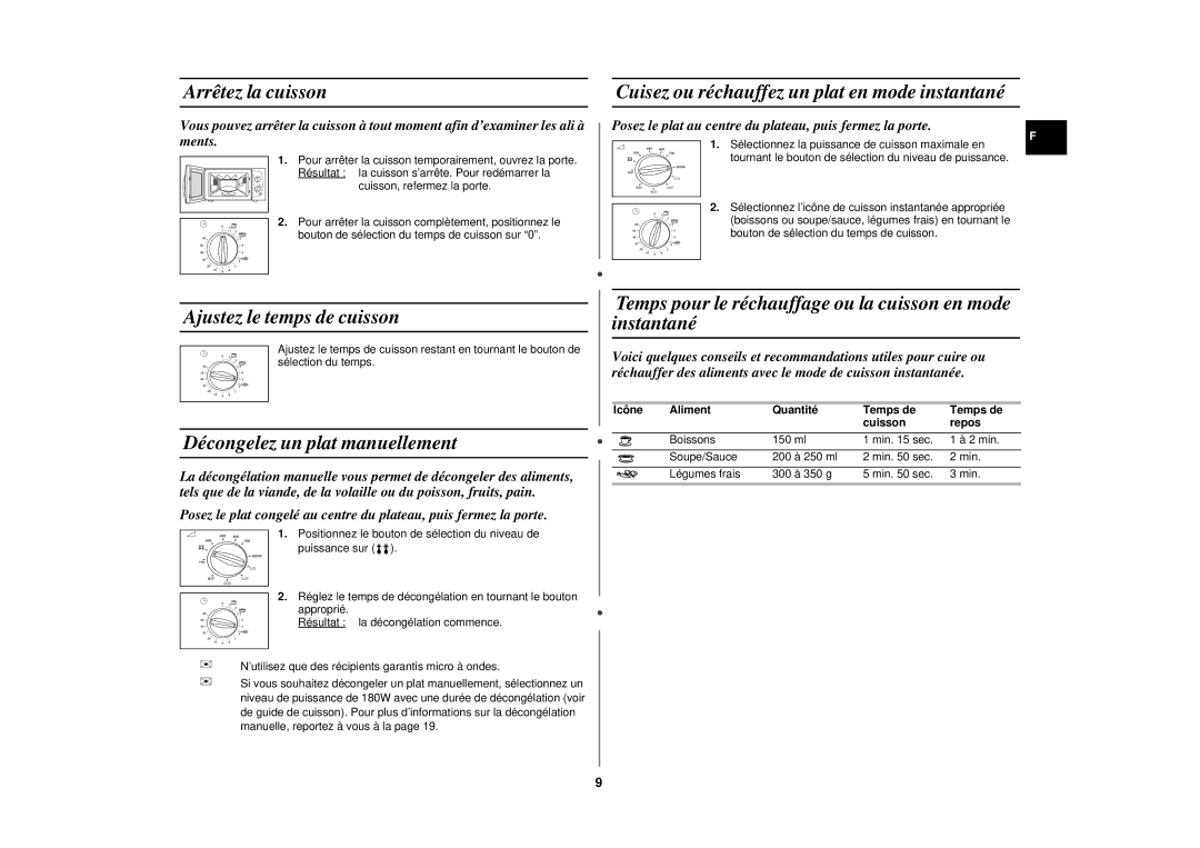 Samsung CE291DNT/XEF, CE291DNT5K/XEF manual Arrêtez la cuisson, Ajustez le temps de cuisson, Décongelez un plat manuellement 