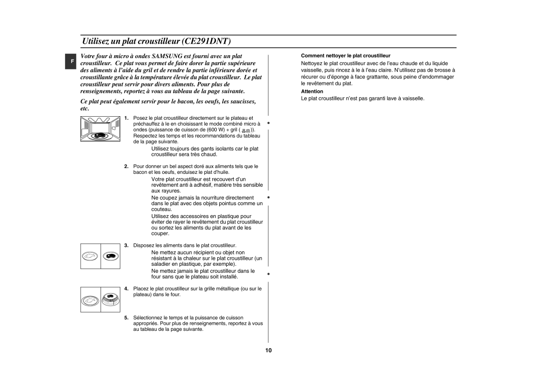 Samsung CE291DNT-5/XEF, CE291DNT5K/XEF manual Utilisez un plat croustilleur CE291DNT, Comment nettoyer le plat croustilleur 