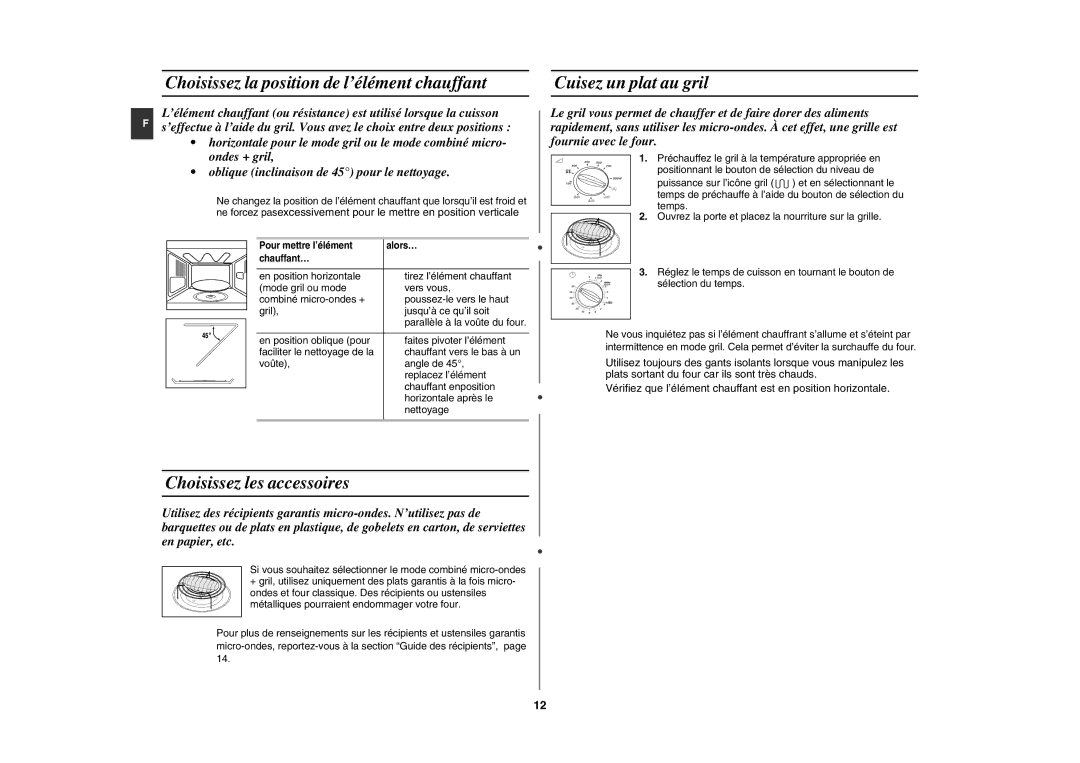 Samsung CE291DNT5K/XEF Choisissez la position de l’élément chauffant, Cuisez un plat au gril, Choisissez les accessoires 