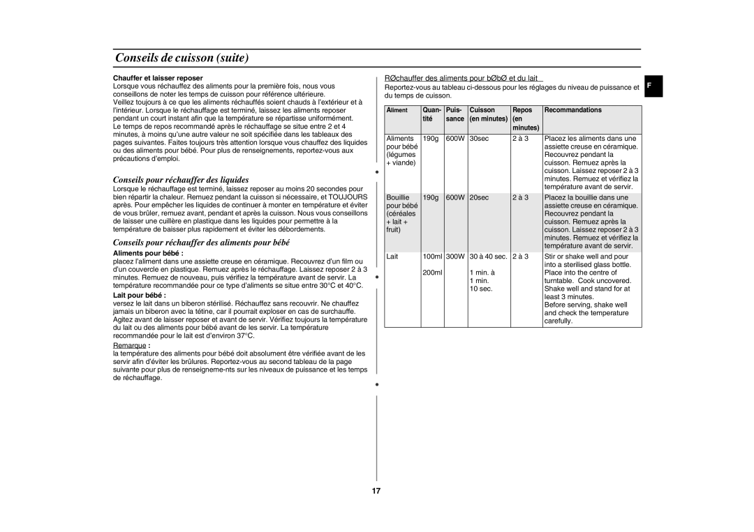 Samsung CE291DNT/XEF manual Conseils pour réchauffer des liquides, Conseils pour réchauffer des aliments pour bébé 