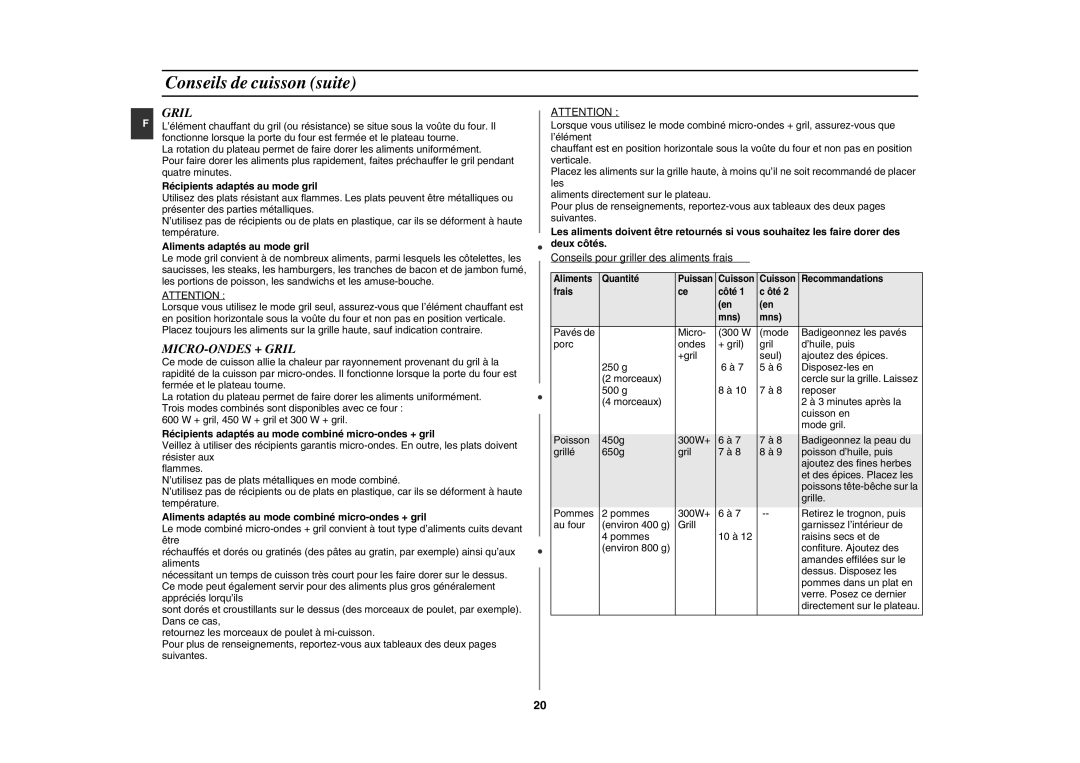 Samsung CE291DNT5K/XEF, CE291DNT/XEF, CE291DNT-5/XEF manual MICRO-ONDES + Gril, Conseils pour griller des aliments frais 