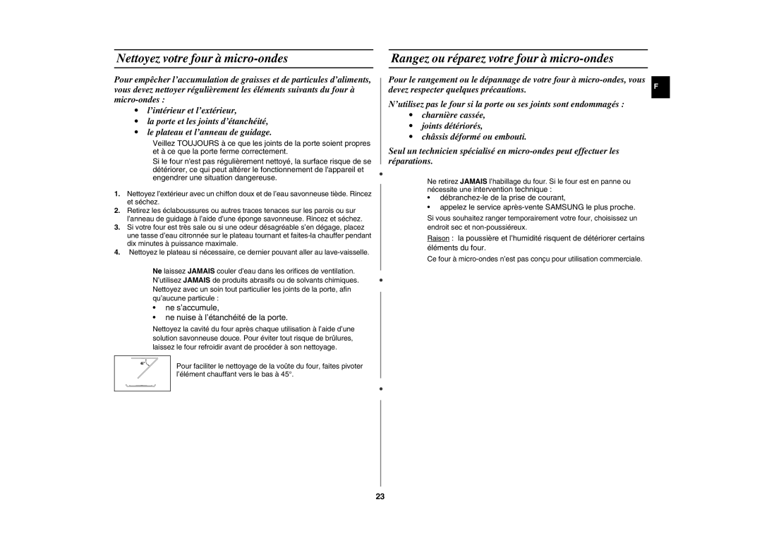 Samsung CE291DNT-K/XEF, CE291DNT5K/XEF manual Nettoyez votre four à micro-ondes, Rangez ou réparez votre four à micro-ondes 