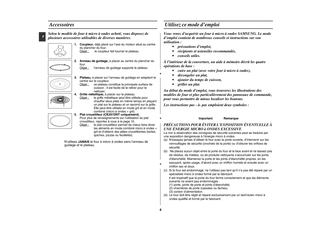 Samsung CE291DNT5K/XEF Accessoires Utilisez ce mode d’emploi, Plat croustilleur CE291DNT uniquement, Important Remarque 