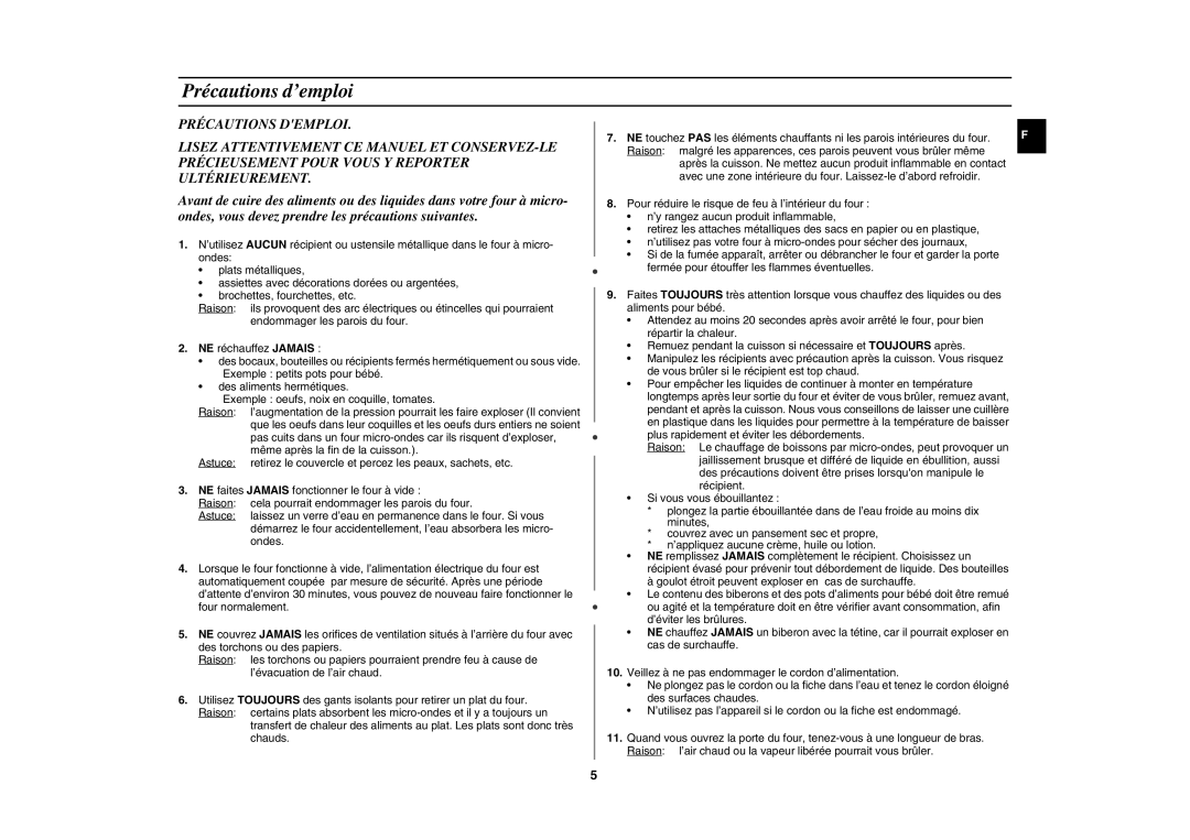 Samsung CE291DNT/XEF, CE291DNT5K/XEF, CE291DNT-5/XEF, CE291DNT-K/XEF manual Précautions d’emploi 