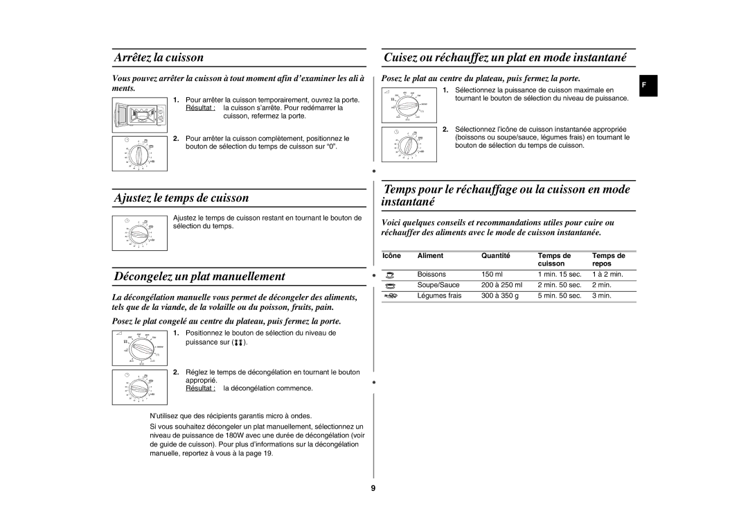 Samsung CE291DNT/XEF Arrêtez la cuisson, Cuisez ou réchauffez un plat en mode instantané, Ajustez le temps de cuisson 