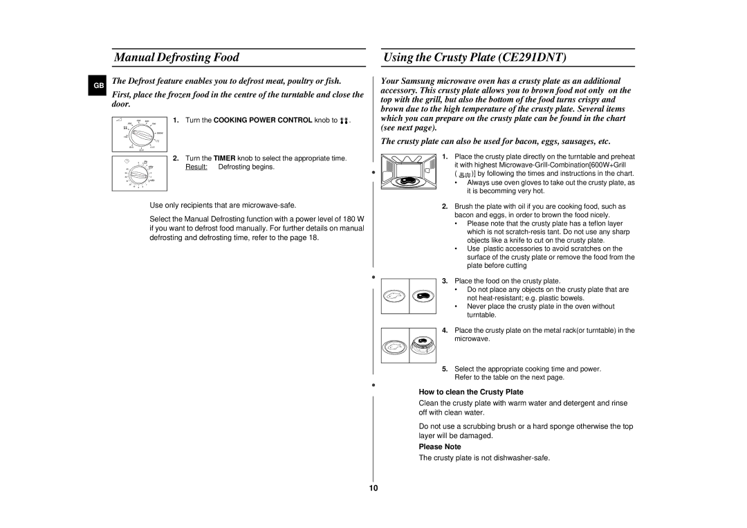 Samsung CE291DNT/ELE manual Manual Defrosting Food, Using the Crusty Plate CE291DNT, Turn the Cooking Power Control knob to 