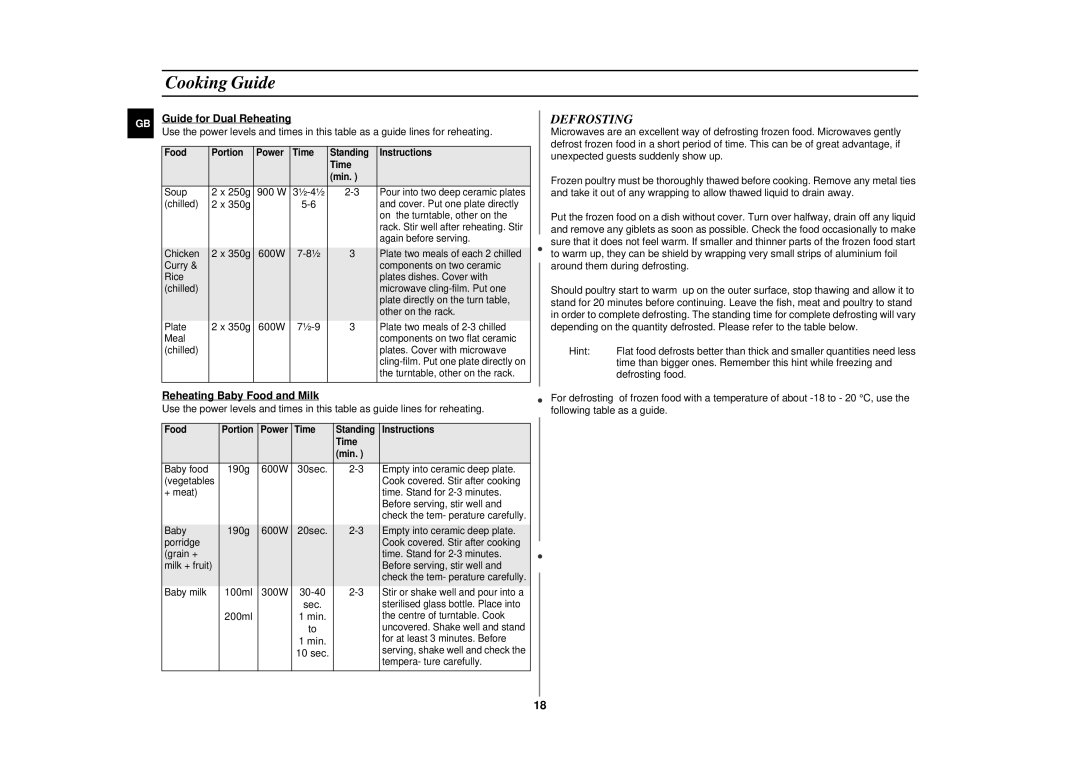 Samsung CE291DNT/ELE manual Defrosting, Guide for Dual Reheating, Reheating Baby Food and Milk 