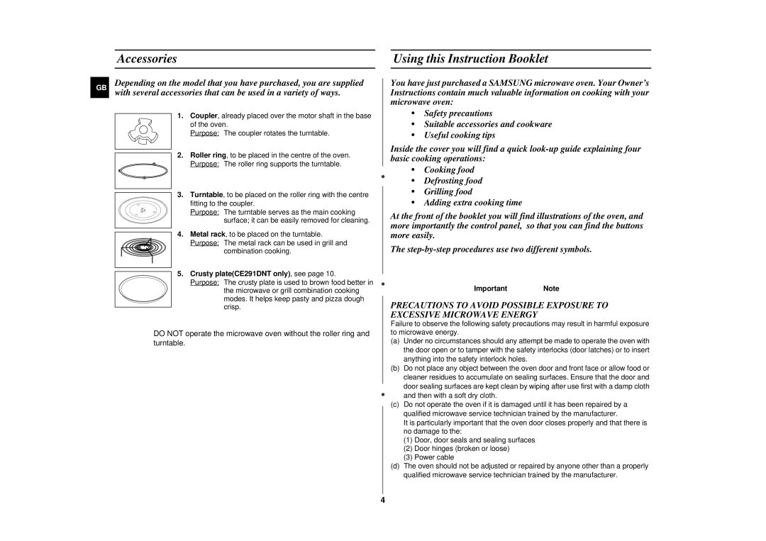 Samsung CE291DNT/ELE manual Accessories, Using this Instruction Booklet, Crusty plateCE291DNT only, see, ImportantNote 