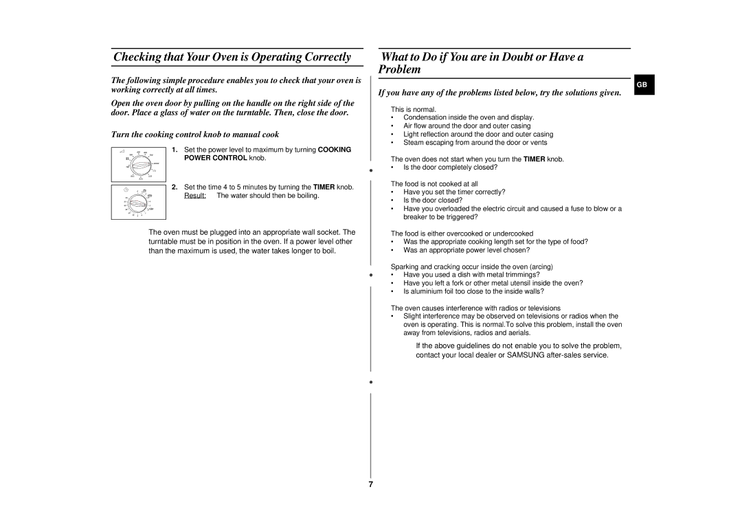 Samsung CE291DNT/ELE Checking that Your Oven is Operating Correctly, What to Do if You are in Doubt or Have a Problem 