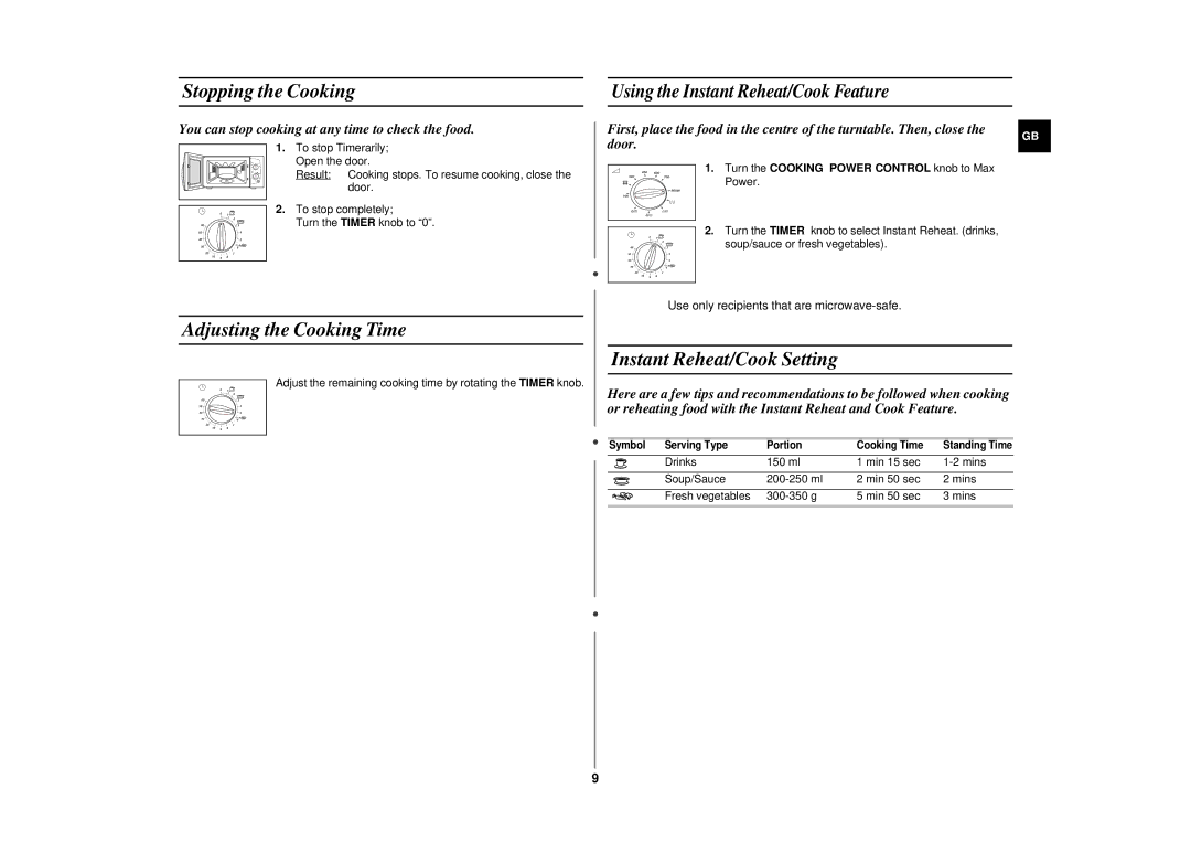 Samsung CE291DNT/ELE manual Stopping the Cooking, Adjusting the Cooking Time, Instant Reheat/Cook Setting 