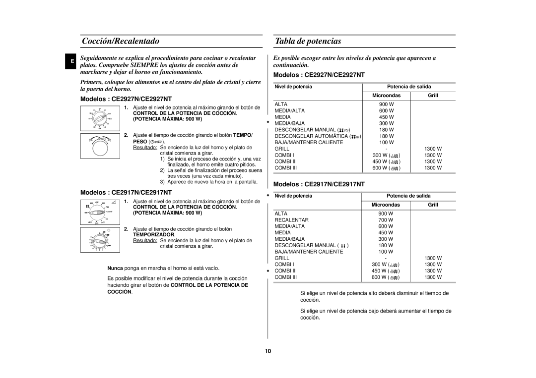 Samsung CE2927N/XEC manual Cocción/Recalentado Tabla de potencias, Potencia de salida, Microondas 