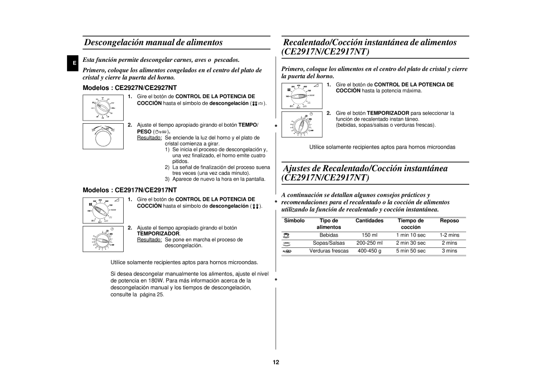 Samsung CE2927N/XEC Descongelación manual de alimentos, Ajustes de Recalentado/Cocción instantánea CE2917N/CE2917NT 