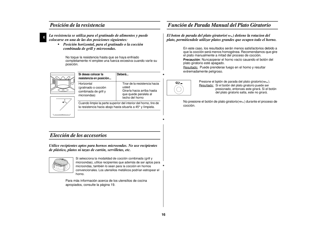 Samsung CE2927N/XEC Posición de la resistencia, Función de Parada Manual del Plato Giratorio, Elección de los accesorios 