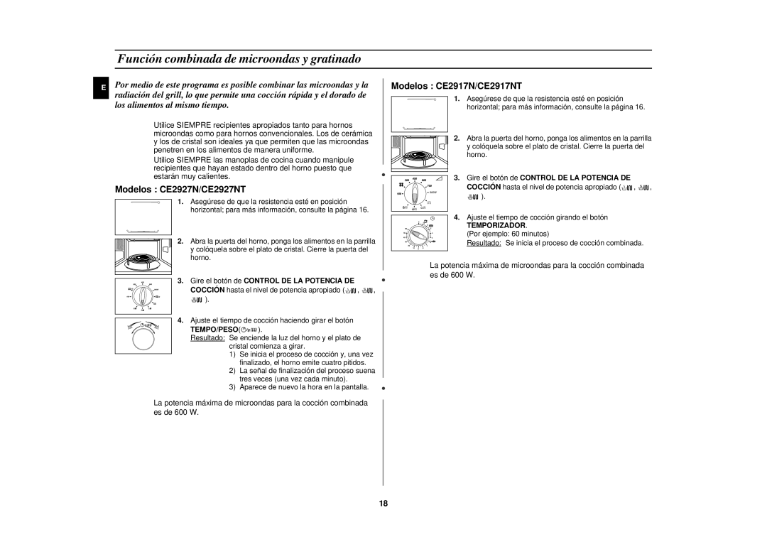 Samsung CE2927N/XEC manual Función combinada de microondas y gratinado, Gire el botón de Control DE LA Potencia DE 