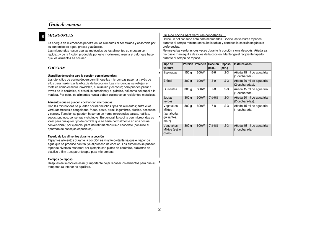 Samsung CE2927N/XEC manual Microondas, Cocción, Guía de cocina para verduras congeladas 