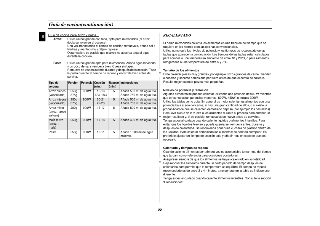 Samsung CE2927N/XEC Recalentado, Guía de cocina para arroz y pasta, Tamaño de los alimentos, Calentado y tiempos de reposo 