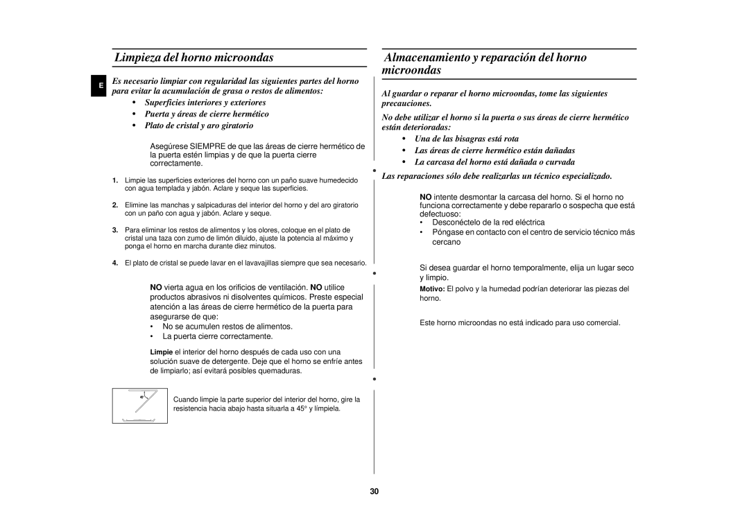 Samsung CE2927N/XEC manual Limpieza del horno microondas, Almacenamiento y reparación del horno microondas 