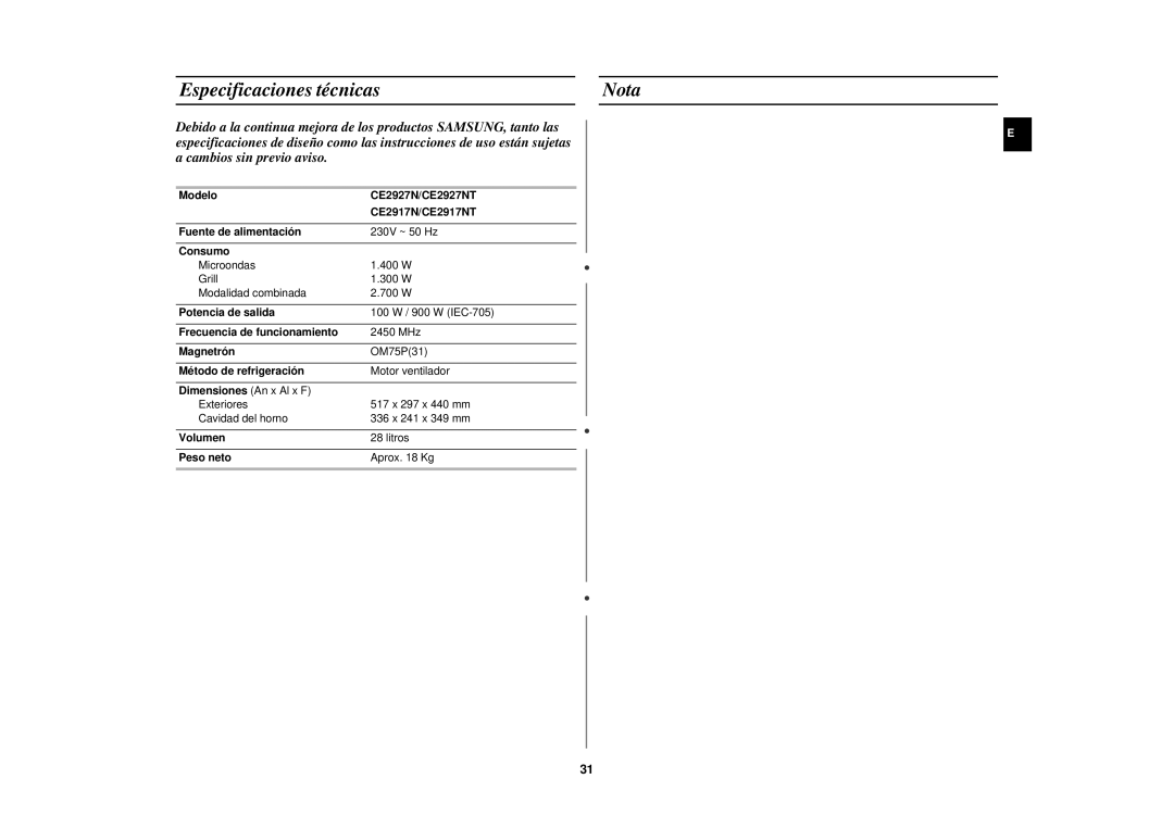 Samsung CE2927N/XEC manual Especificaciones técnicas Nota 