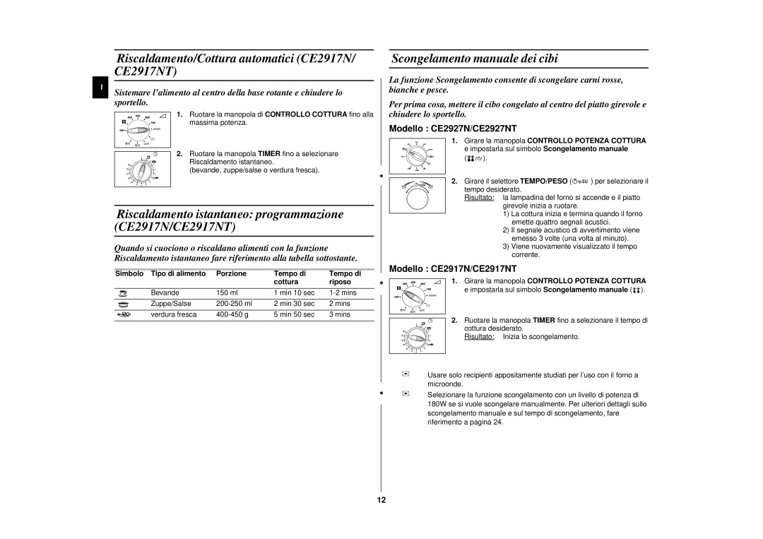 Samsung CE2927N/XET Riscaldamento/Cottura automatici CE2917N/ CE2917NT, Scongelamento manuale dei cibi, Cottura Riposo 