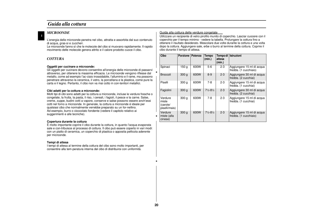 Samsung CE2927N/XET manual Microonde, Cottura, Guida alla cottura delle verdure congelate 