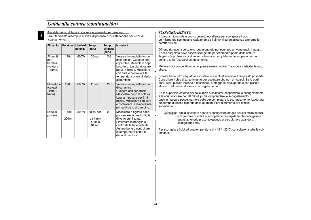 Samsung CE2927N/XET manual Scongelamento, Riscaldamento di latte in polvere e alimenti per bambini 