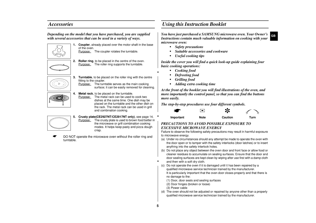 Samsung CE2927N/XET manual Accessories Using this Instruction Booklet 