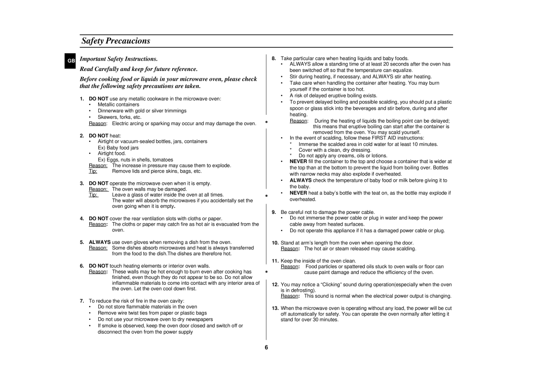 Samsung CE2927N/XET manual Safety Precaucions, Do not heat 