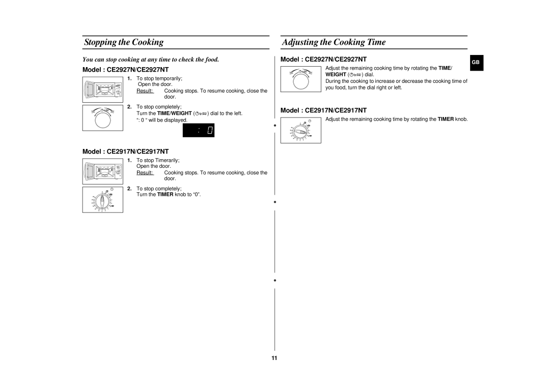 Samsung CE2927N/XET manual Stopping the Cooking, Adjusting the Cooking Time 