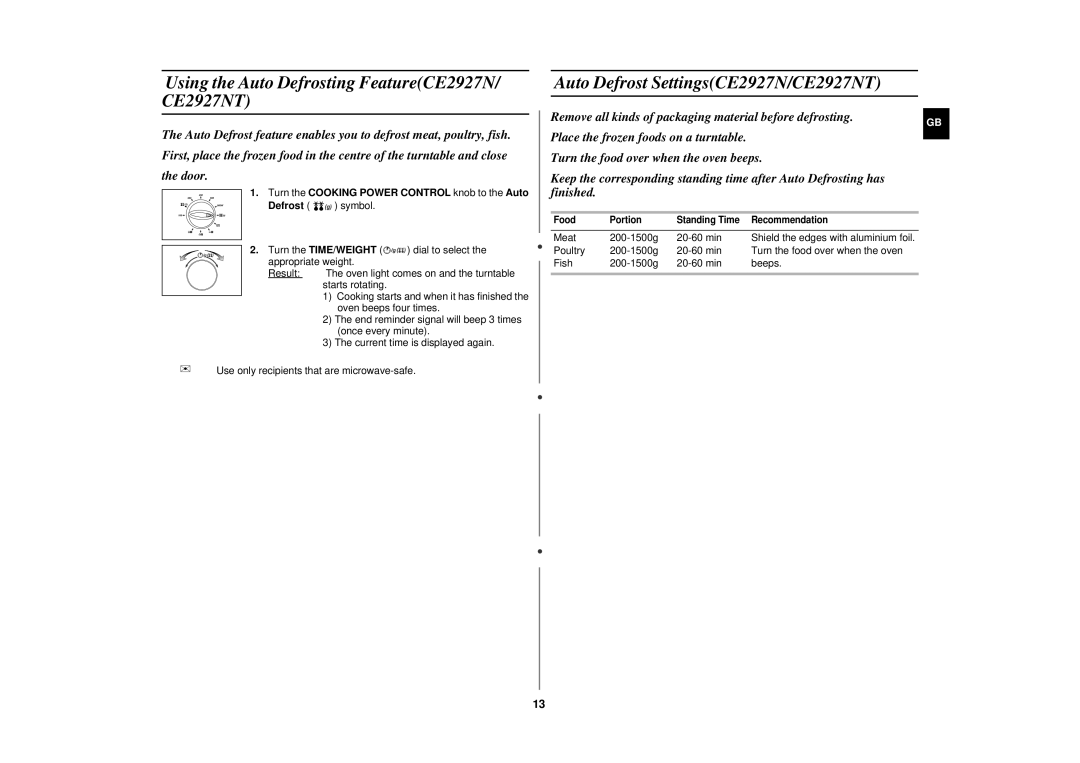 Samsung CE2927N/XET manual Using the Auto Defrosting FeatureCE2927N/ CE2927NT, Auto Defrost SettingsCE2927N/CE2927NT 