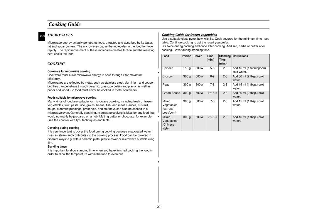 Samsung CE2927N/XET manual GB Microwaves, Cooking Guide for frozen vegetables 